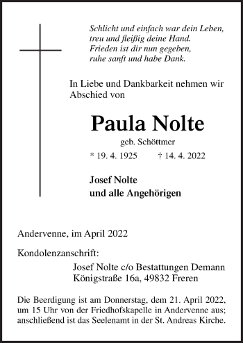 Traueranzeige von Paula Nolte von Neue Osnabrücker Zeitung GmbH & Co. KG