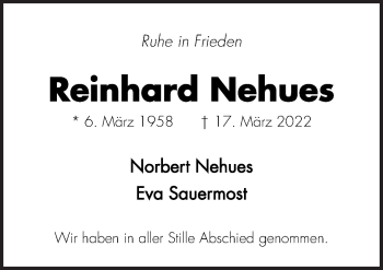 Traueranzeige von Reinhard Nehues von Neue Osnabrücker Zeitung GmbH & Co. KG