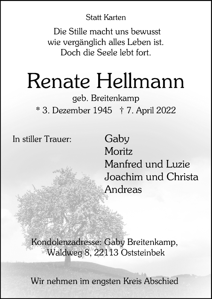  Traueranzeige für Renate Hellmann vom 23.04.2022 aus Neue Osnabrücker Zeitung GmbH & Co. KG