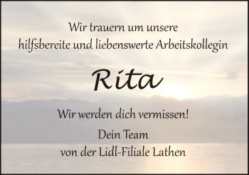 Traueranzeige von Rita  von Neue Osnabrücker Zeitung GmbH & Co. KG