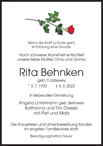 Traueranzeige von Rita Behnken von Neue Osnabrücker Zeitung GmbH & Co. KG