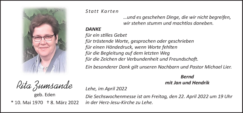  Traueranzeige für Rita Zumsande vom 16.04.2022 aus Neue Osnabrücker Zeitung GmbH & Co. KG