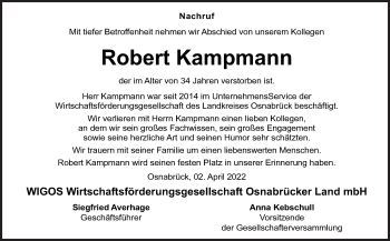 Traueranzeige von Robert Kampmann von Neue Osnabrücker Zeitung GmbH & Co. KG