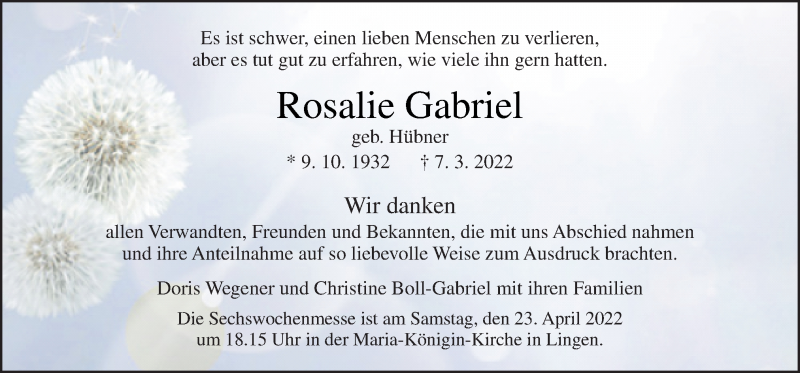  Traueranzeige für Rosalie Gabriel vom 20.04.2022 aus Neue Osnabrücker Zeitung GmbH & Co. KG