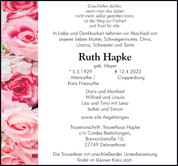 Traueranzeige von Ruth Hapke von Neue Osnabrücker Zeitung GmbH & Co. KG