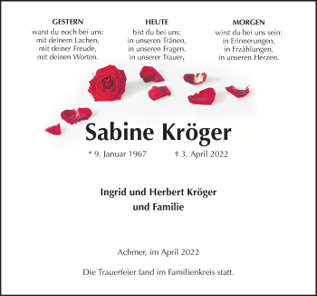 Traueranzeige von Sabine Kröger von Neue Osnabrücker Zeitung GmbH & Co. KG