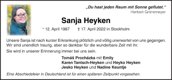 Traueranzeige von Sanja Heyken von Neue Osnabrücker Zeitung GmbH & Co. KG