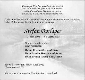 Traueranzeige von Stefan Burlager von Neue Osnabrücker Zeitung GmbH & Co. KG