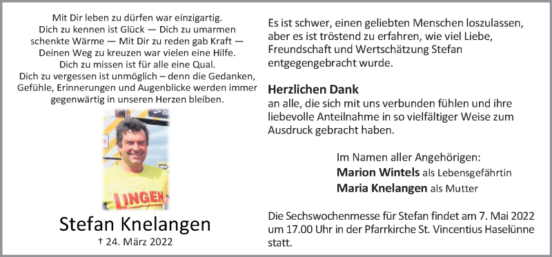  Traueranzeige für Stefan Knelangen vom 30.04.2022 aus Neue Osnabrücker Zeitung GmbH & Co. KG