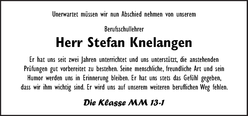  Traueranzeige für Stefan Knelangen vom 02.04.2022 aus Neue Osnabrücker Zeitung GmbH & Co. KG