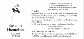 Traueranzeige von Susanne Hanneken von Neue Osnabrücker Zeitung GmbH & Co. KG