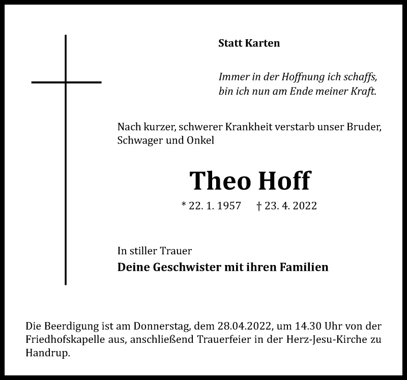  Traueranzeige für Theo Hoff vom 26.04.2022 aus Neue Osnabrücker Zeitung GmbH & Co. KG