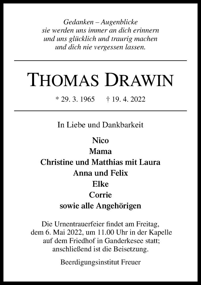  Traueranzeige für Thomas Drawin vom 23.04.2022 aus DK Medien GmbH & Co. KG