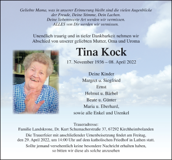 Traueranzeige von Tina Kock von Neue Osnabrücker Zeitung GmbH & Co. KG