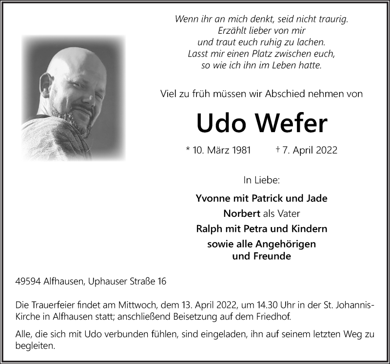  Traueranzeige für Udo Wefer vom 11.04.2022 aus Neue Osnabrücker Zeitung GmbH & Co. KG