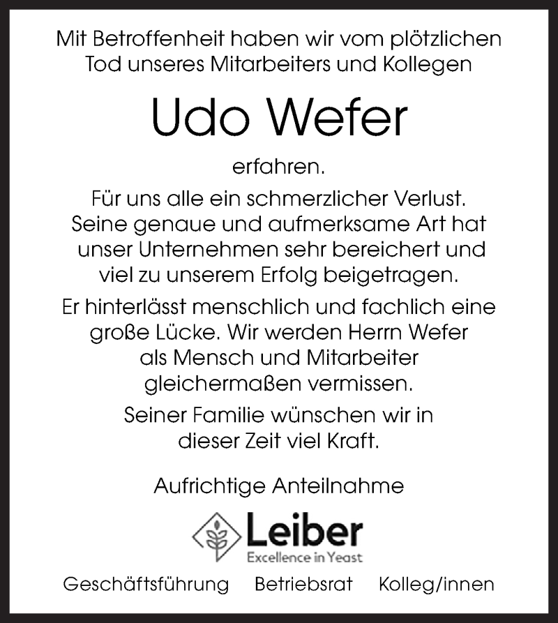  Traueranzeige für Udo Wefer vom 13.04.2022 aus Neue Osnabrücker Zeitung GmbH & Co. KG