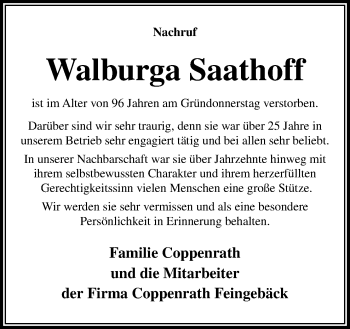 Traueranzeige von Walburga Saathoff von Neue Osnabrücker Zeitung GmbH & Co. KG