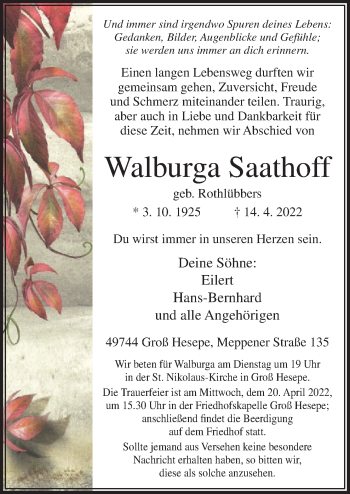 Traueranzeige von Walburga Saathoff von Neue Osnabrücker Zeitung GmbH & Co. KG