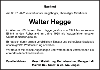 Traueranzeige von Walter Hegge von Neue Osnabrücker Zeitung GmbH & Co. KG