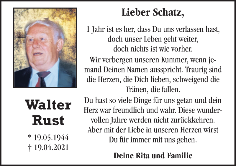  Traueranzeige für Walter Rust vom 19.04.2022 aus Neue Osnabrücker Zeitung GmbH & Co. KG