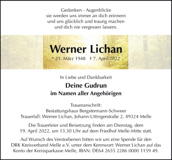 Traueranzeige von Werner Lichan von Neue Osnabrücker Zeitung GmbH & Co. KG