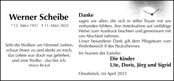 Traueranzeige von Werner Scheibe von Neue Osnabrücker Zeitung GmbH & Co. KG