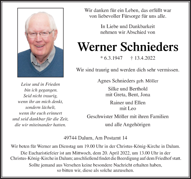  Traueranzeige für Werner Schnieders vom 16.04.2022 aus Neue Osnabrücker Zeitung GmbH & Co. KG