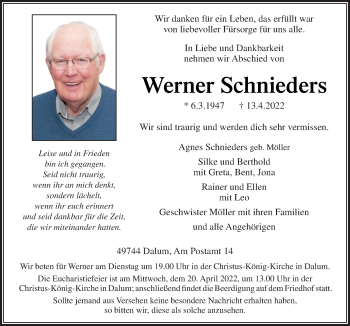 Traueranzeige von Werner Schnieders von Neue Osnabrücker Zeitung GmbH & Co. KG