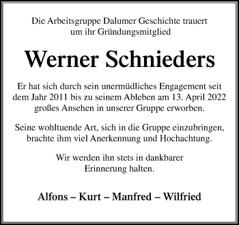 Traueranzeige von Werner Schnieders von Neue Osnabrücker Zeitung GmbH & Co. KG