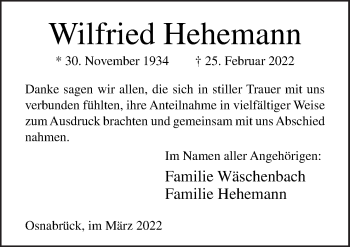 Traueranzeige von Wilfried Hehemann von Neue Osnabrücker Zeitung GmbH & Co. KG