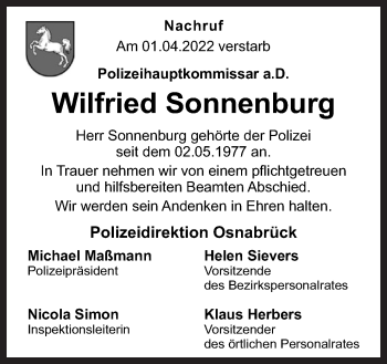 Traueranzeige von Wilfried Sonnenburg von Neue Osnabrücker Zeitung GmbH & Co. KG