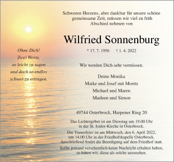 Traueranzeige von Wilfried Sonnenburg von Neue Osnabrücker Zeitung GmbH & Co. KG