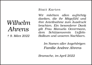 Traueranzeige von Wilhelm Ahrens von Neue Osnabrücker Zeitung GmbH & Co. KG