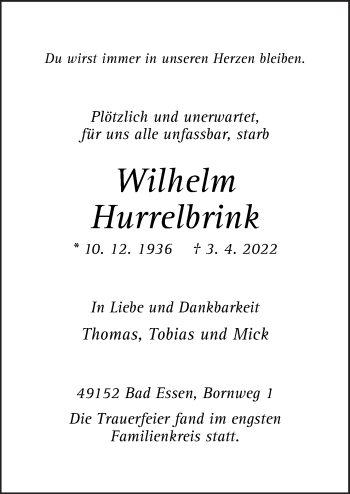 Traueranzeige von Wilhelm Hurrelbrink von Neue Osnabrücker Zeitung GmbH & Co. KG