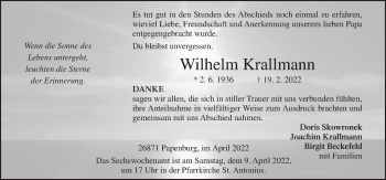 Traueranzeige von Wilhelm Krallmann von Neue Osnabrücker Zeitung GmbH & Co. KG
