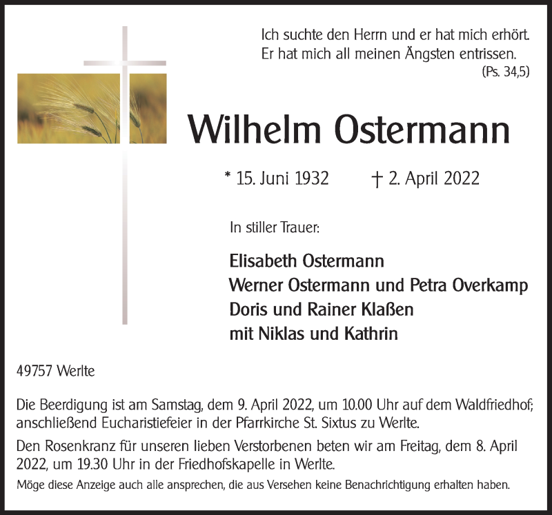  Traueranzeige für Wilhelm Ostermann vom 06.04.2022 aus Neue Osnabrücker Zeitung GmbH & Co. KG
