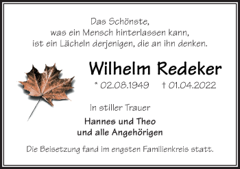 Traueranzeige von Wilhelm Redeker von Neue Osnabrücker Zeitung GmbH & Co. KG