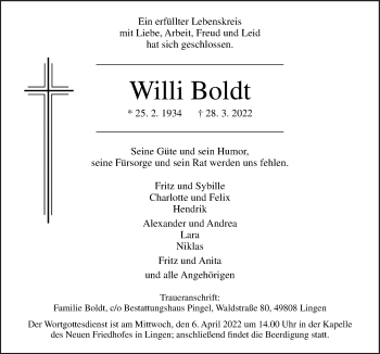 Traueranzeige von Willi Boldt von Neue Osnabrücker Zeitung GmbH & Co. KG