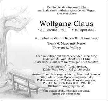 Traueranzeige von Wolfgang Claus von Neue Osnabrücker Zeitung GmbH & Co. KG