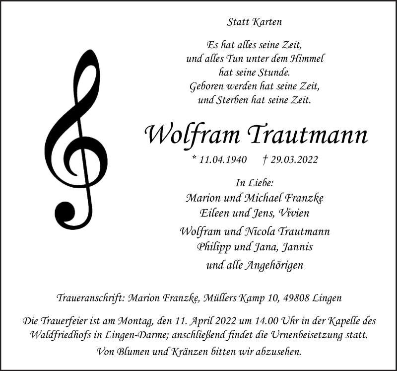  Traueranzeige für Wolfram Trautmann vom 06.04.2022 aus Neue Osnabrücker Zeitung GmbH & Co. KG