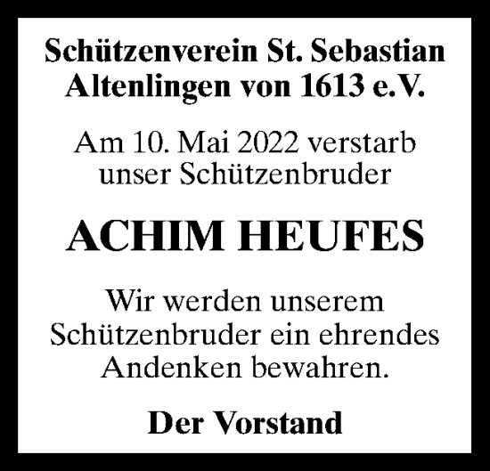 Traueranzeige von Achim Heufes von Neue Osnabrücker Zeitung GmbH & Co. KG