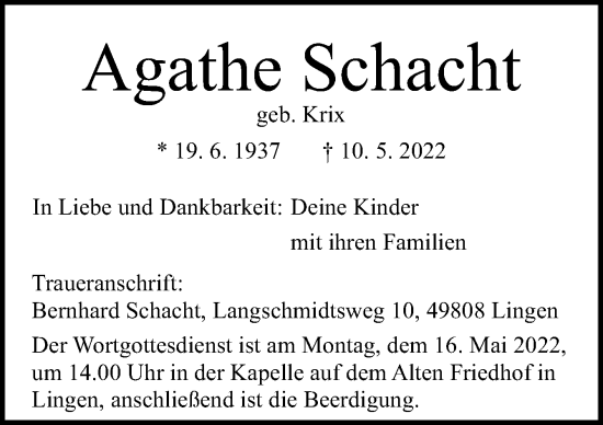 Traueranzeige von Agathe Schacht von Neue Osnabrücker Zeitung GmbH & Co. KG