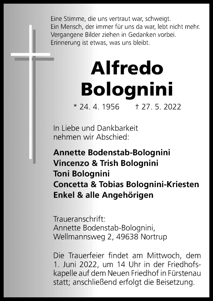  Traueranzeige für Alfredo Bolognini vom 30.05.2022 aus Neue Osnabrücker Zeitung GmbH & Co. KG