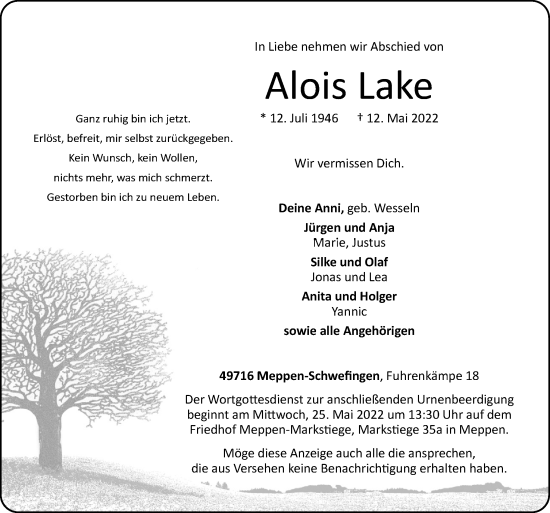 Traueranzeige von Alois Lake von Neue Osnabrücker Zeitung GmbH & Co. KG