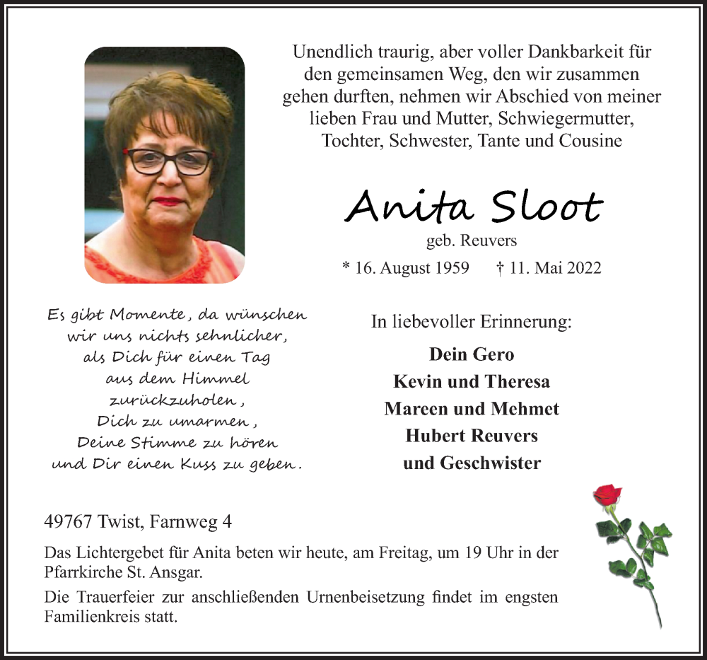  Traueranzeige für Anita Sloot vom 13.05.2022 aus Neue Osnabrücker Zeitung GmbH & Co. KG
