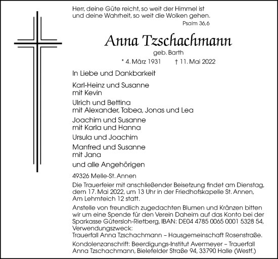 Traueranzeige von Anna Tzschachmann von Neue Osnabrücker Zeitung GmbH & Co. KG