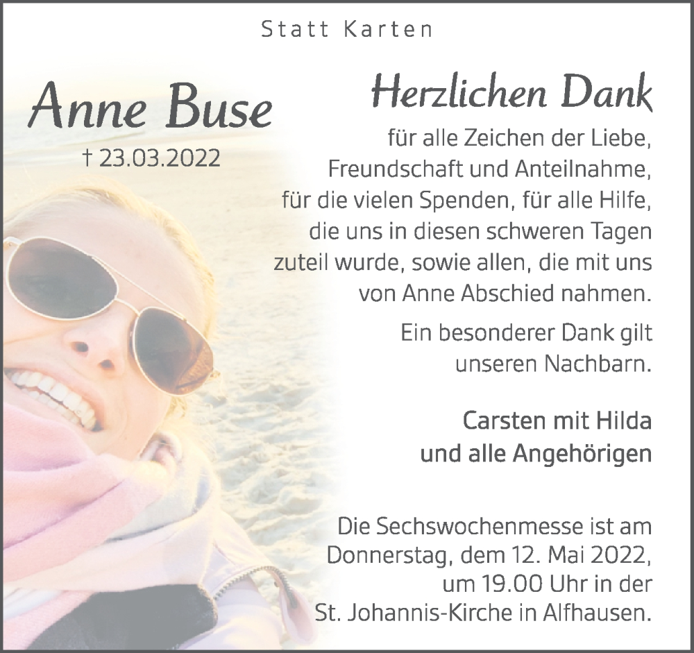 Traueranzeige für Anne Buse vom 10.05.2022 aus Neue Osnabrücker Zeitung GmbH & Co. KG
