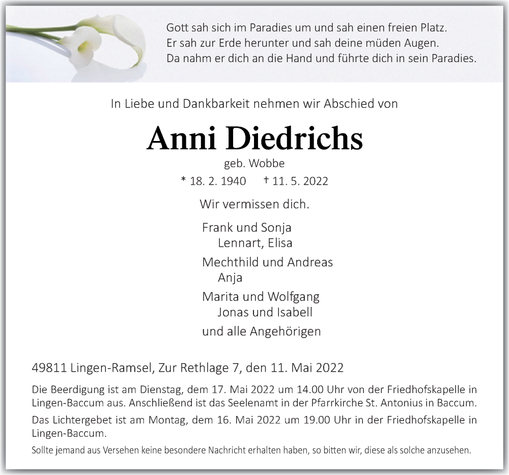  Traueranzeige für Anni Diedrichs vom 13.05.2022 aus Neue Osnabrücker Zeitung GmbH & Co. KG