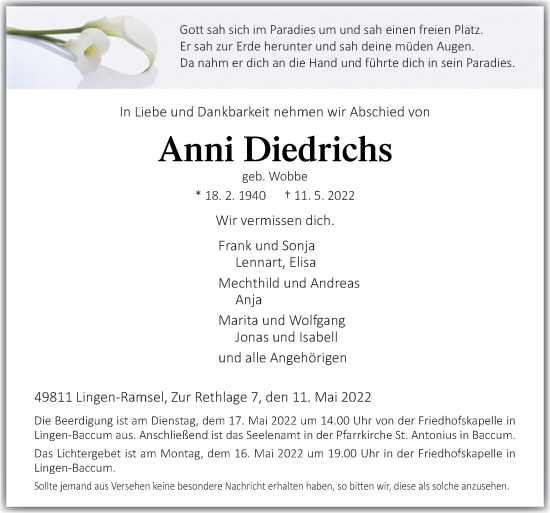 Traueranzeige von Anni Diedrichs von Neue Osnabrücker Zeitung GmbH & Co. KG