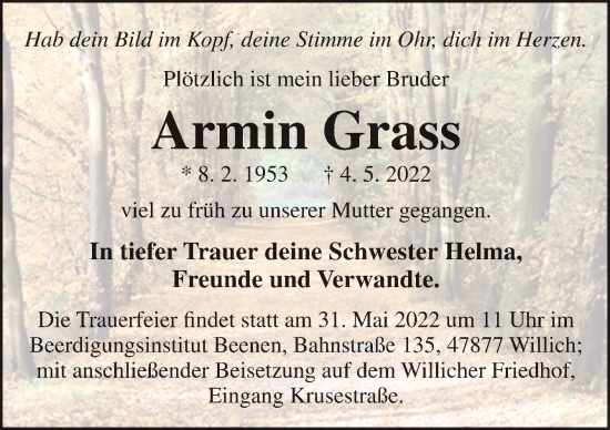 Traueranzeige von Armin Grass von Neue Osnabrücker Zeitung GmbH & Co. KG